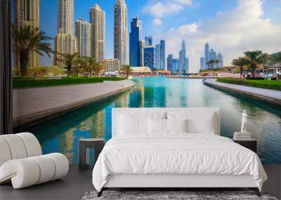 water pond near the entrance to dubai mall and on promenade embankment with skyscrapers in the background Wall mural