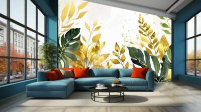 watercolor and gold leaves herbal illustration botanic tropic composition exotic modern design Wall mural