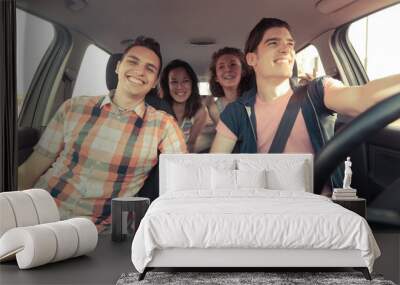 Four Friends in a Car Leaving For Vacation Wall mural