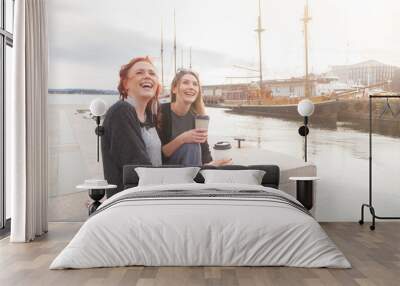 two beautiful nordic girls enjoying life at oslo harbour Wall mural