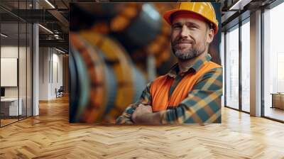 An industrial worker with arms crossed wearing a helmet and safety vest. Wall mural