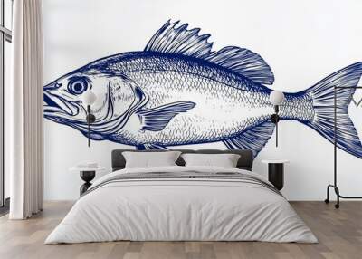 Blue Line Drawing of a Fish - Underwater Wildlife Illustration Wall mural