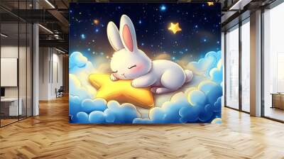 Cute Bunny Sleeping on a Star in the Night Sky Wall mural