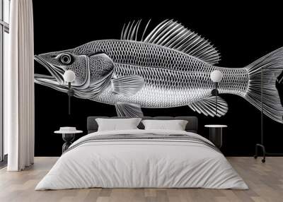 Detailed Black and White Drawing of a Fish Wall mural