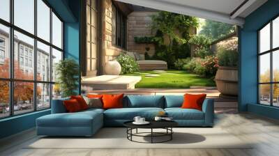 Serene Backyard Oasis: Lush Garden Design with Patio and Deck Wall mural