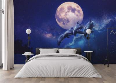 Beautiful night ocean with playful dolphins leaping on surfing wave and full moon on tropical background Wall mural