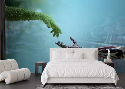 Green technology conceptual design, human arm covered with grass and lush and robotic hand, 3d render Wall mural