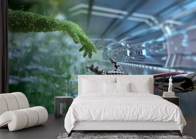 Green technology conceptual design, human arm covered with grass and lush and robotic hand, 3d render Wall mural