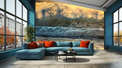 GreenYellow Blue sunset rough shorebreak ocean wave on orange background. Sea pattern marine template for travel design Wall mural