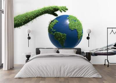 Hi Tech Mechanical Robot and Nature covered with flowers and grass two arms hovering Earth Globe as Save Water Green Technology conceptual design on transparent background Wall mural