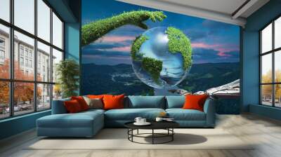 Hi Tech Mechanical Robot and Nature covered with flowers and grass two arms hovering Earth Globe as Save Water Green Technology conceptual design Wall mural