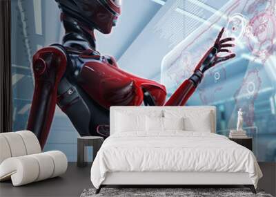 Modern designed space. Futuristic female android managing virtual interface in digital space Wall mural