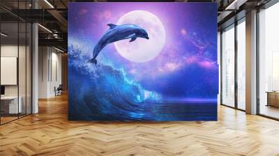 Night ocean with playful dolphin leaping from sea on surfing wave and full moon shining on tropical background Wall mural