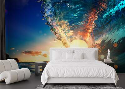 Sea wave surfing ocean lip shorebreak crest in Hawaii Wall mural