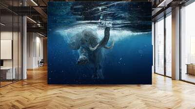 Swimming African Elephant Underwater. Big elephant in ocean with air bubbles and reflections on water surface. Wall mural