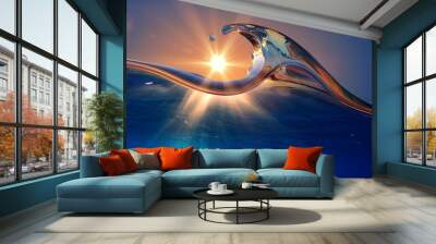 Vibrant sunset sea Water wave with copyspace blue background Wall mural