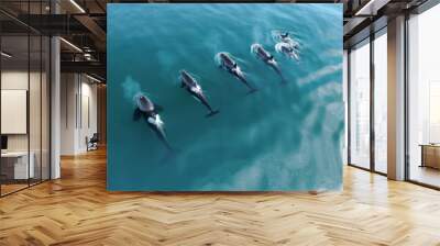 Wild Orcas killerwhales pod  traveling in open water in the ocean Wall mural