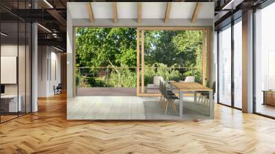 fictitious 3D interior with modern living room, balcony and view to the garden - the covers of the books are fictitious Wall mural