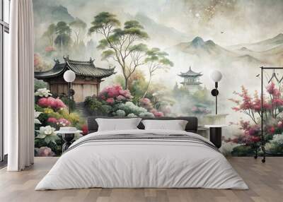 morning japanese garden watercolor painting Wall mural