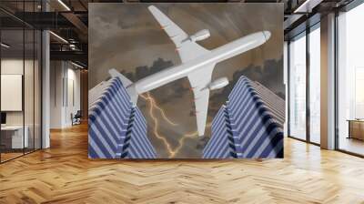 White passenger plane/White passenger plane flying over the city. Wall mural