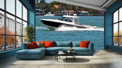 
black and white cabin cruiser powered by two outboard engines. Wall mural