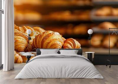 3D display case in a bakery setting, filled with freshly baked goods like croissants, baguettes, and muffins, evoking the warmth of a traditional bakery Wall mural