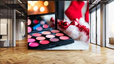 A Christmas makeup palette open to reveal shimmery holiday shades, set beside a cozy fireplace decorated with stockings and garlands. Wall mural