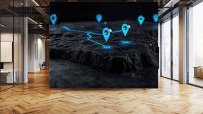 A digital map concept with multiple blue pins marking different areas, representing the growing use of geolocation in apps and devices. Wall mural