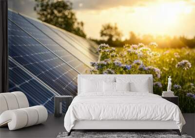 A field of solar panels glowing under the sunlight, surrounded by tall, green plants and wildflowers, showcasing renewable energy amidst nature Wall mural