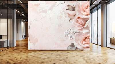 A nostalgic wallpaper collage of delicate roses and lace motifs, fading into muted pinks and creams, with frayed edges and cracked textures Wall mural