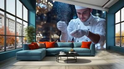 A professional chef in a lavish restaurant kitchen, wearing gloves while sprinkling finishing salts on a dish, with the opulent dining area visible beyond the counter. Wall mural