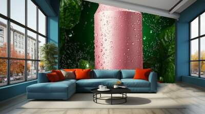 A refreshing drink can placed in the center, surrounded by fresh strawberries, lime wedges, and tropical leaves, with water droplets enhancing the fresh, cool atmosphere. Wall mural