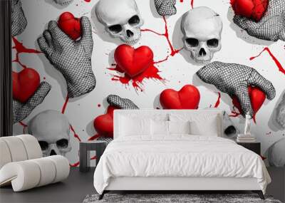 A repeating pattern of fishnet gloves, bleeding hearts, and skulls, with grunge-style ink blots and torn textures throughout the design Wall mural