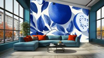 A seamless pattern featuring detailed illustrations of blue watermelons, pears, and oranges, each in different blue tones, creating a refreshing and unique fabric design. Wall mural