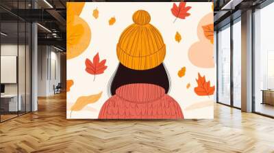 A vector illustration of a peaceful autumn day, with a person in a knit hat surrounded by trees with vibrant orange leaves and a path of fallen foliage. Wall mural