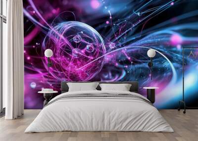 A vibrant abstract design featuring glowing spheres and dynamic lines in pink and blue hues, perfect for digital art projects. Wall mural