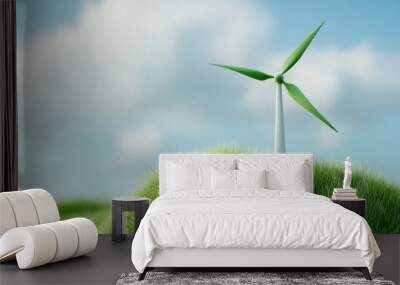 A vibrant wind turbine rises above lush green grass, symbolizing renewable energy and a sustainable future in a scenic landscape. Wall mural