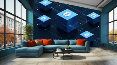 Abstract blockchain network diagram with digital currency icons, representing financial revolution and secure transactions, blockchain technology, fintech trends Wall mural