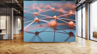 Abstract representation of a network, showcasing interconnected nodes with metallic accents and a soft blue background. Wall mural