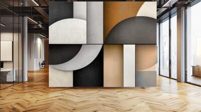 Abstract tiles with overlapping, geometric shapes in muted tones, creating a layered, textured effect Wall mural