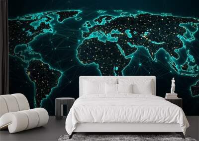 An abstract illustration of a digital world map, with glowing points of light and lines symbolizing a network of global connectivity. Wall mural