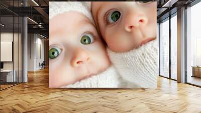 An adorable close-up of two babies dressed in matching knitted hats and sweaters, their vivid green eyes filled with wonder. Wall mural