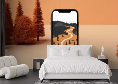 An outdoor-themed smartphone illustration, showing a GPS route through a forest with trails and camping spots marked on the screen. Wall mural