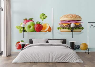 Balanced scale, fresh fruits on one side, burger on the other, contrasting health choices, 3D illustration Wall mural