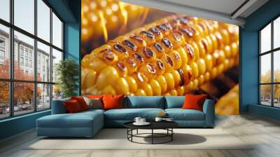 Buttered grilled corn, charred kernels with spices, close-up view, 3D illustration Wall mural