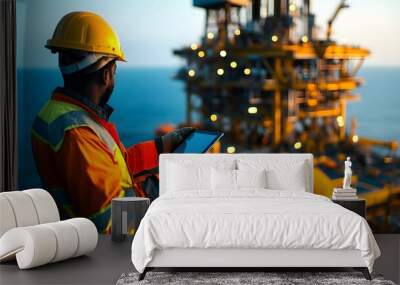 Close-up of an oil rig worker in safety gear, checking systems on a tablet, with the towering rig and vast ocean stretching out behind Wall mural