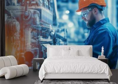 Close-up of two engineers in an industrial plant, one operating a control panel while the other observes and checks data on a tablet, surrounded by heavy machinery. Wall mural