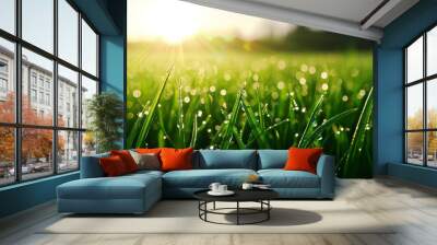 Dew on grass blades glistening in the morning sun, fresh weather, nature awakening Wall mural