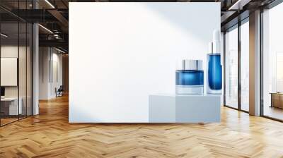 Futuristic cosmetics display on glass pedestals, intricate lab equipment with blue liquid, clean white background, copy space for text, high-resolution photo, realistic photo Wall mural