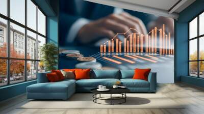 Illustration of a government budget influenced by economic policy, represented by digital charts and spending categories Wall mural